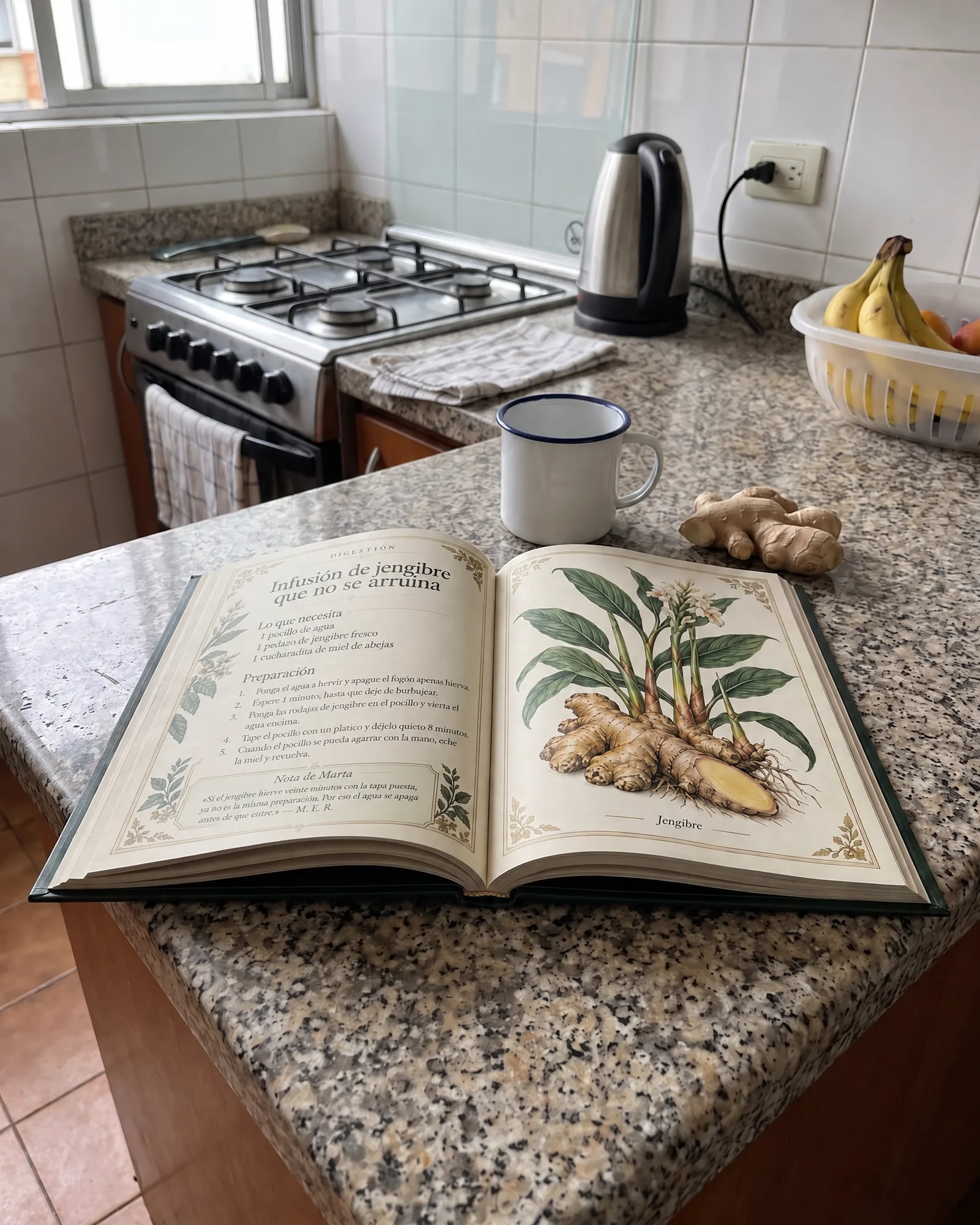El libro abierto en el mesón de la cocina, al lado de la estufa