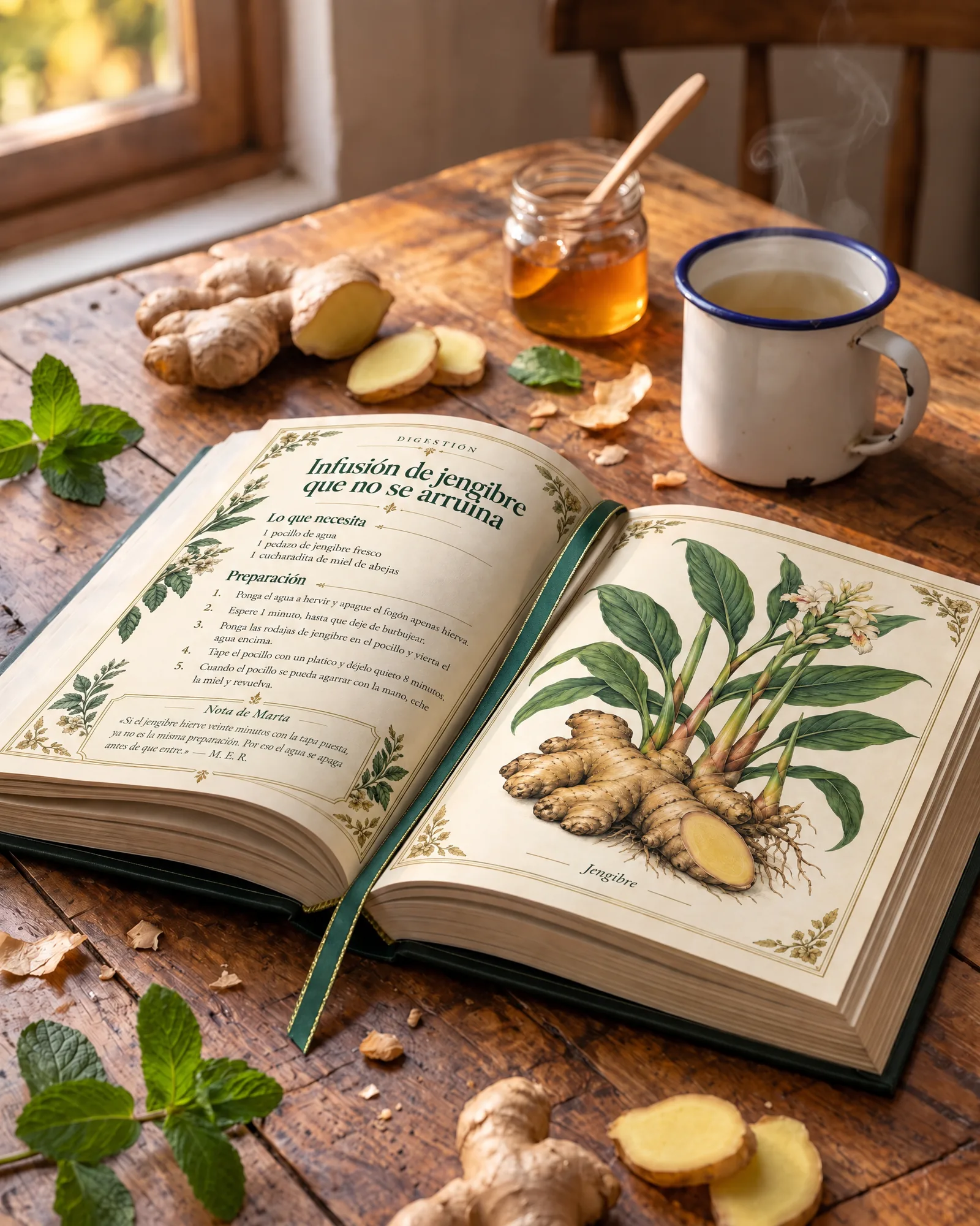El libro Remedios Antiguos Revividos abierto en la receta de la infusión de jengibre, sobre una mesa de madera con miel y jengibre
