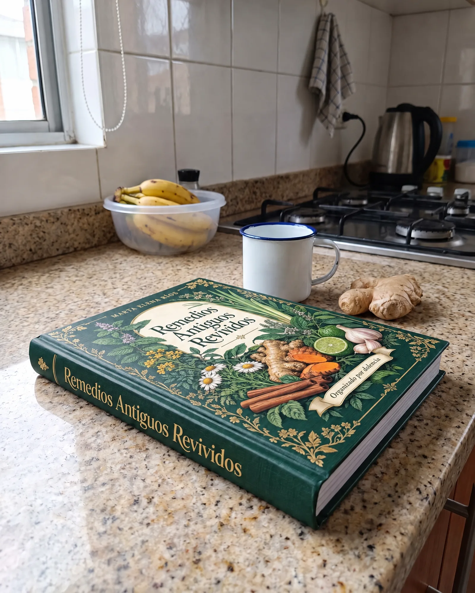 El libro cerrado sobre el mesón de la cocina, junto a un pocillo y un pedazo de jengibre