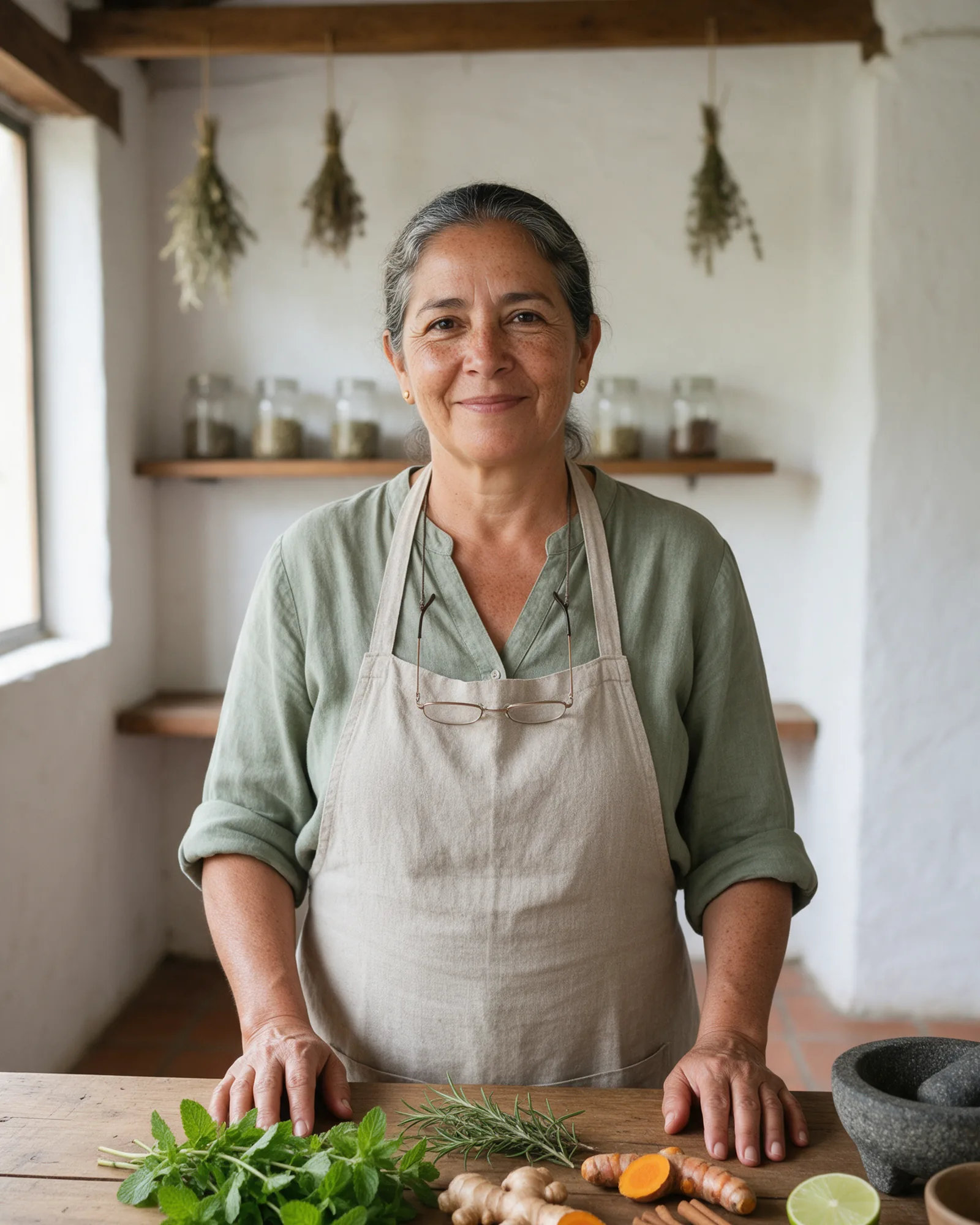 Marta Elena Ríos en su cocina, con jengibre, cúrcuma, canela y hierbabuena sobre la mesa