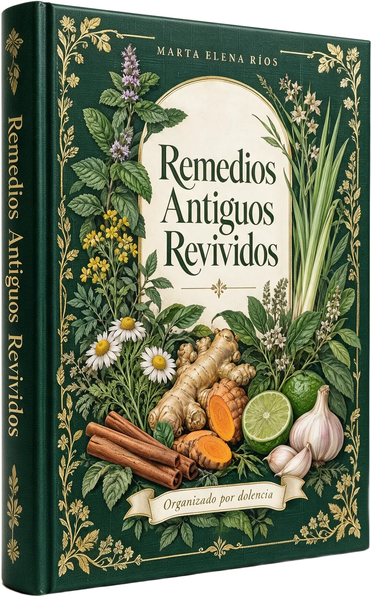 El libro Remedios Antiguos Revividos, de tapa dura verde con letras doradas